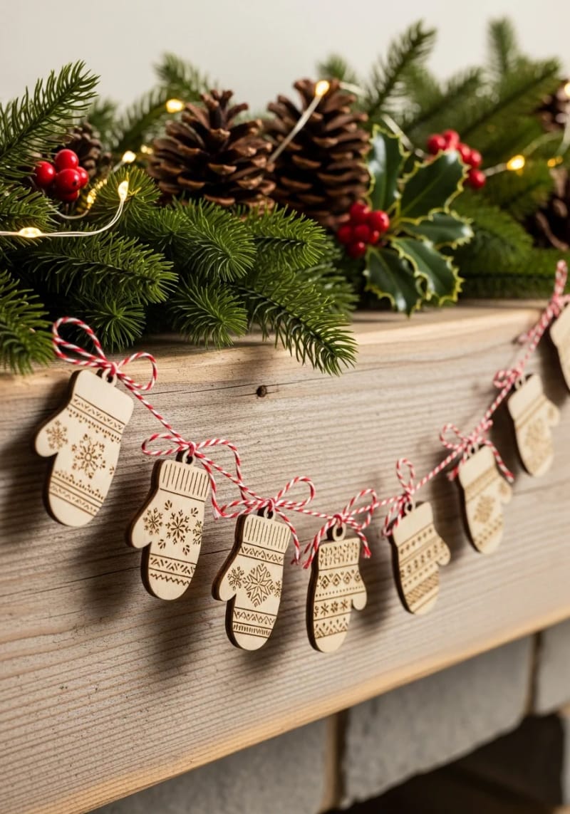 21 Wooden Christmas Ornament Ideas for a Warm and Natural Holiday Decor 33 mini hand-carved wooden mittens strung together with red and white baker’s twine 1