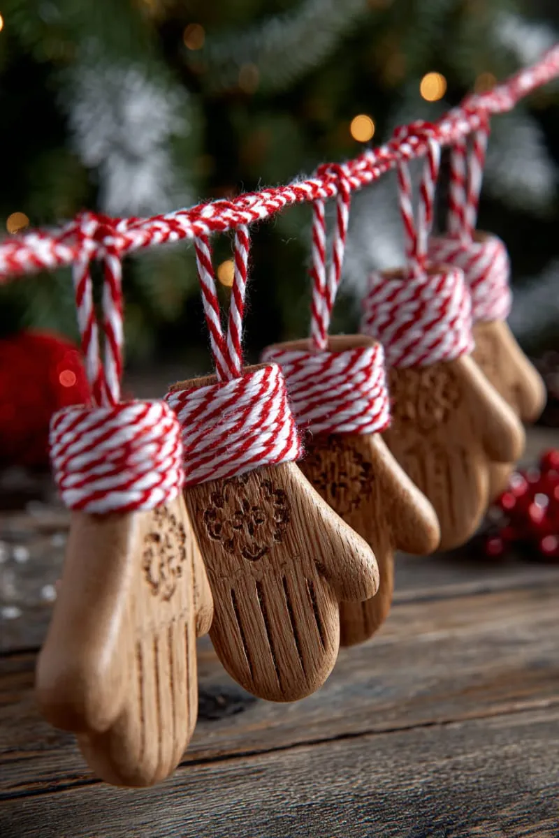 mini hand-carved wooden mittens strung together with red and white baker’s twine 1