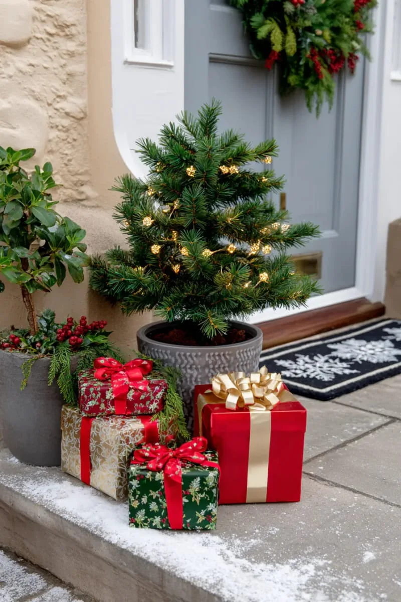 mini present boxes stacked beside a tiny christmas tree 1