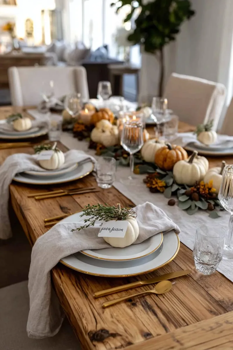 mini pumpkin place cards with handwritten names at each dinner setting 1