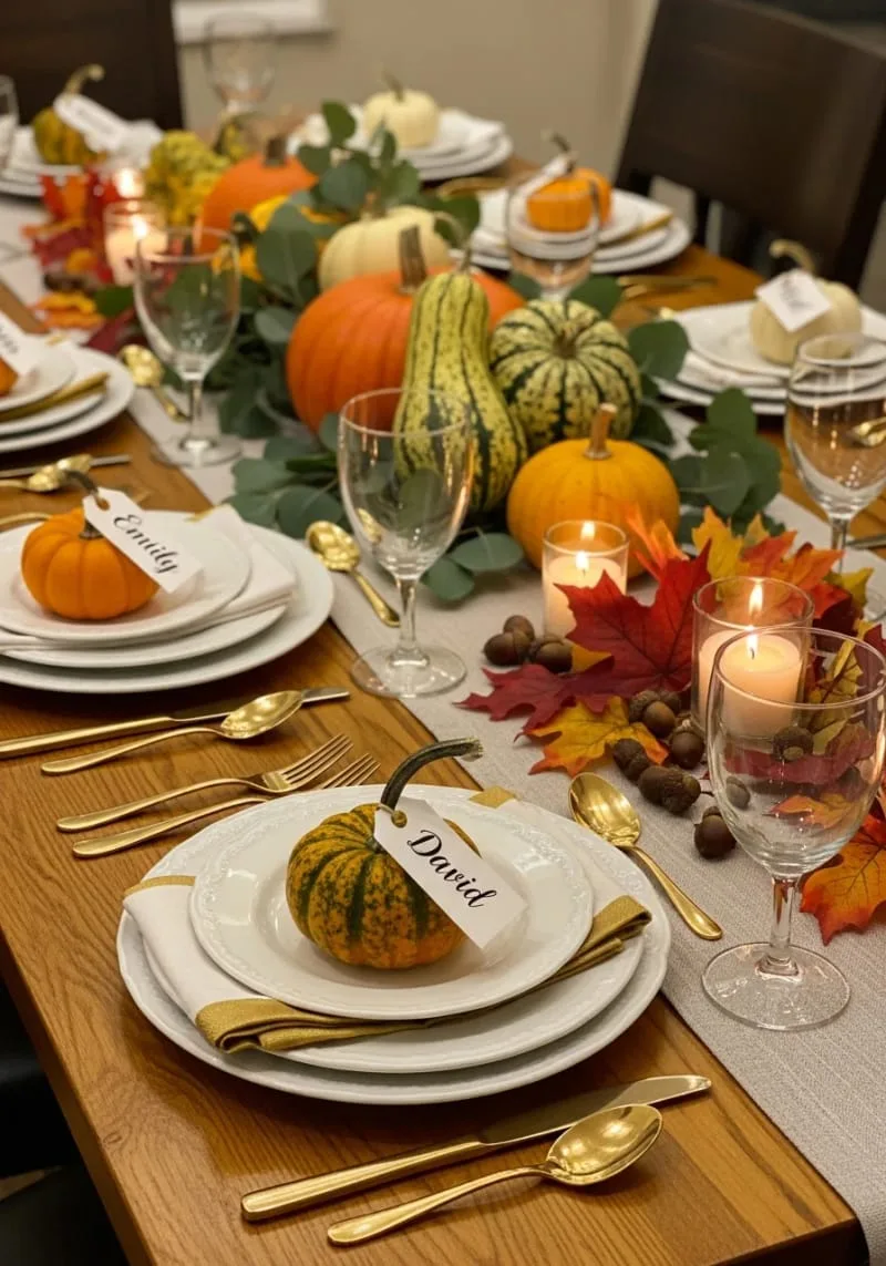 mini pumpkin place cards with handwritten names at each dinner setting 1