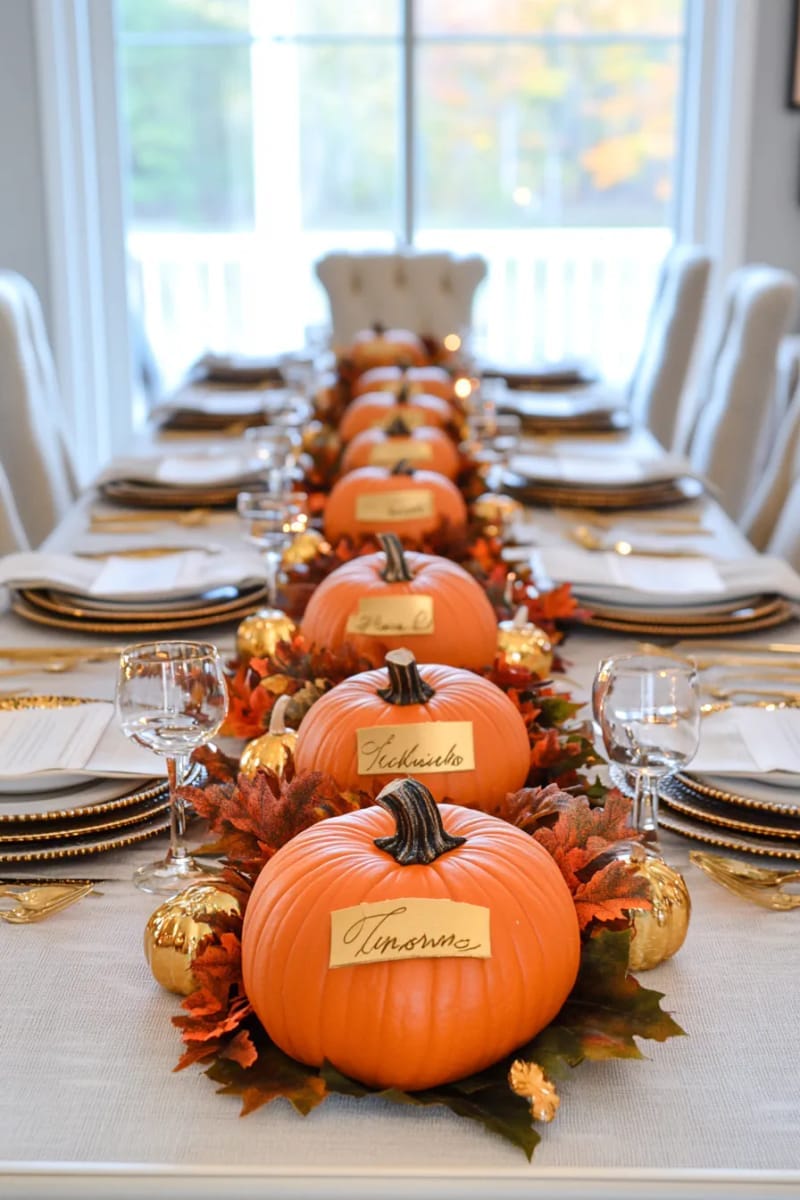 mini pumpkin place cards with handwritten names using gold ink 1