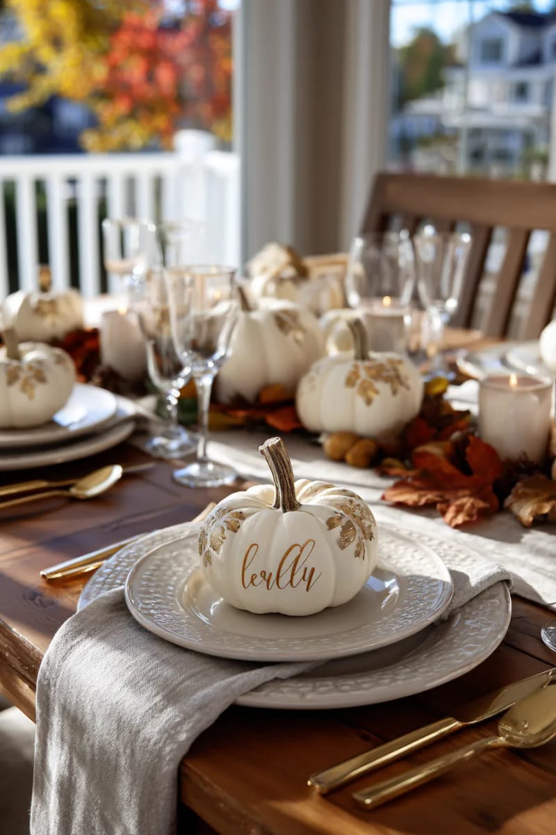 mini pumpkin place cards with handwritten names using gold ink 1
