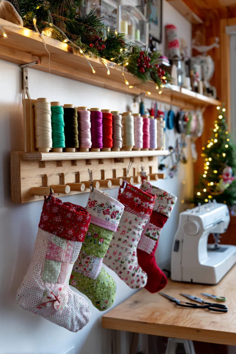 mini quilted stockings hanging from your thread rack, ready for treats 1