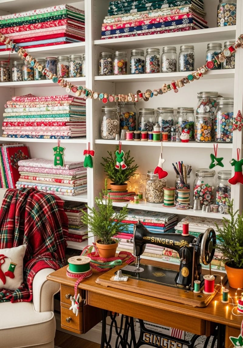 mini spool and button garland draped across shelving for festive sewing vibes 1