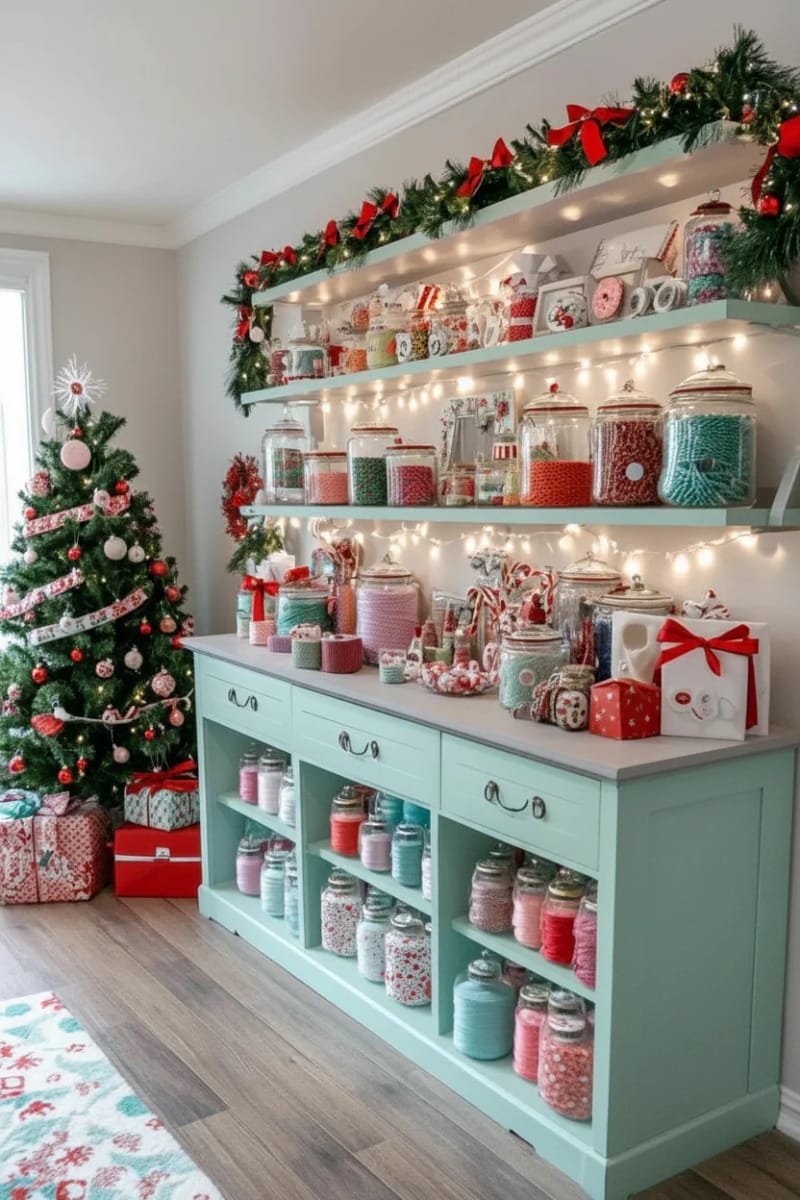 mini spool and button garland draped across shelving for festive sewing vibes 1