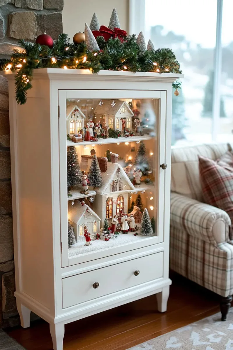 miniature christmas village scenes staged inside glass-front cabinets 1
