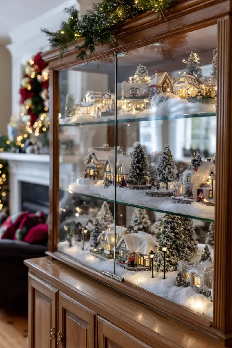 miniature christmas village scenes staged inside glass-front cabinets 1