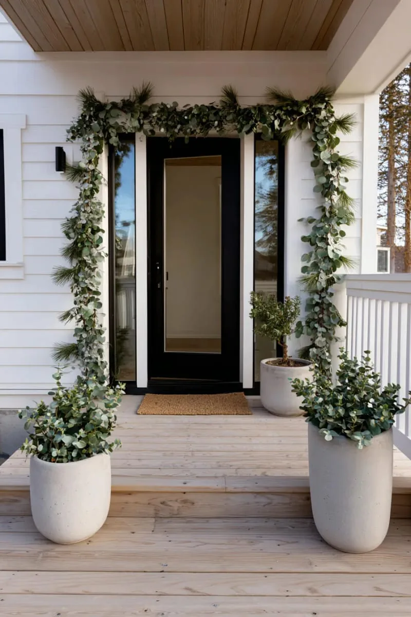 minimal garland with eucalyptus draped around the door frame 1