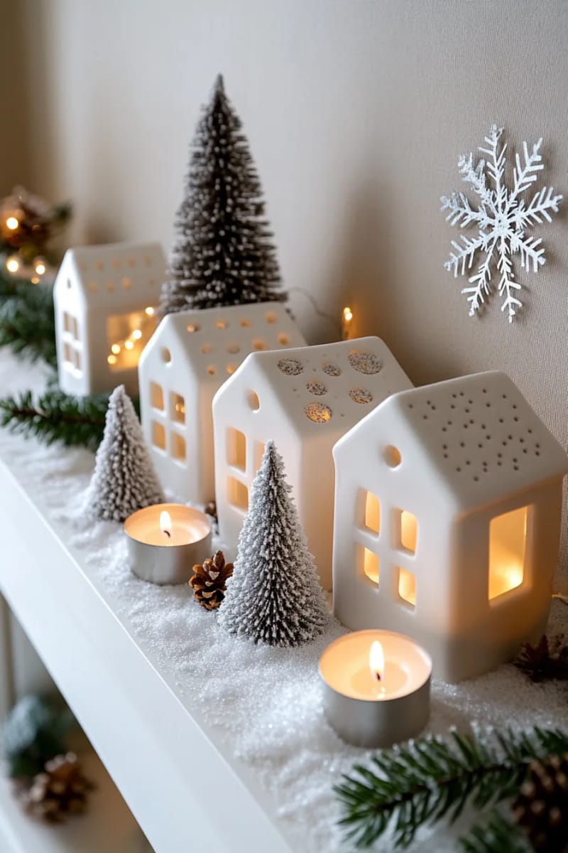 21 Scandinavian Christmas Decorations Ideas To Bring Nordic Charm at Home 3 minimalist ceramic houses with glowing tealight windows on a snowy mantel display 1