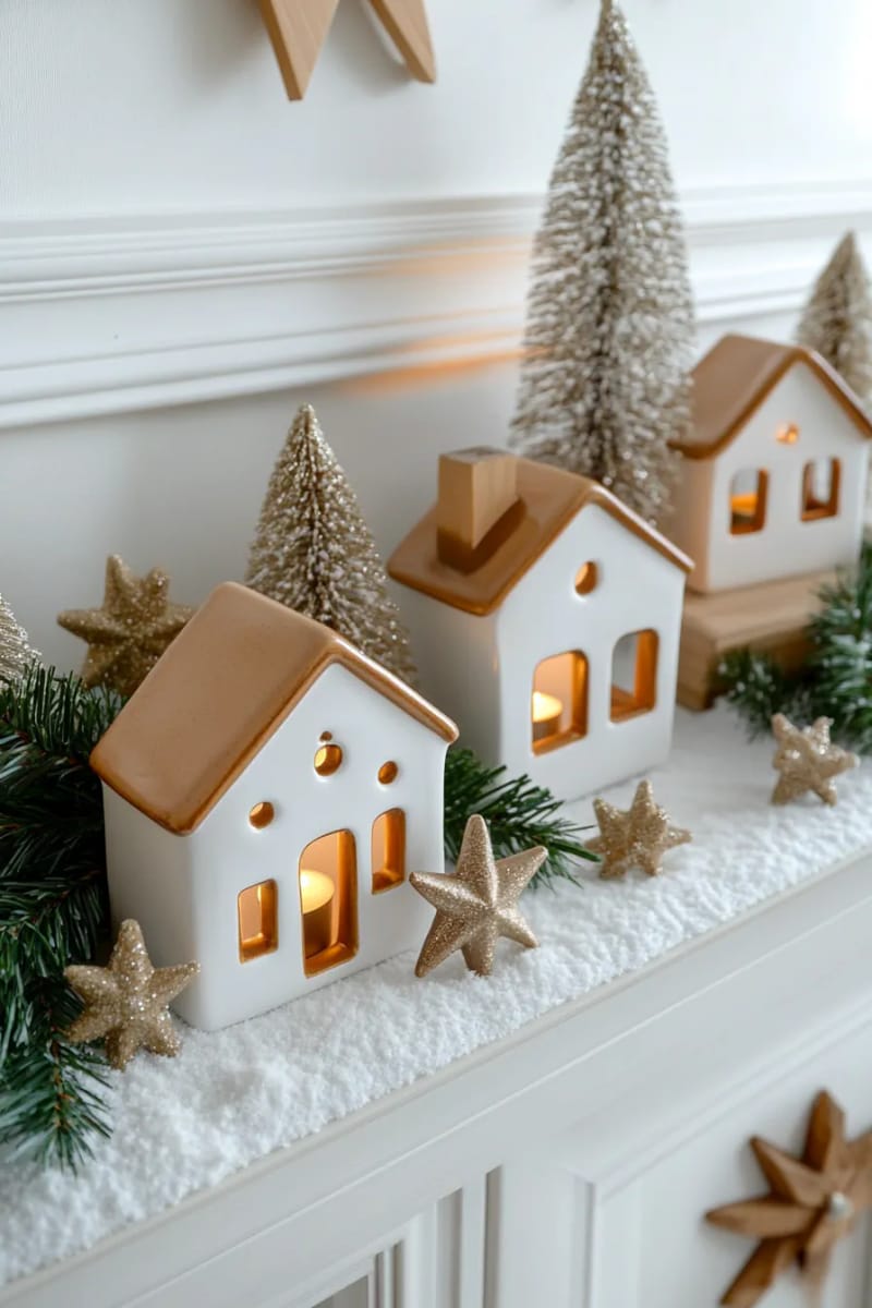 21 Scandinavian Christmas Decorations Ideas To Bring Nordic Charm at Home 4 minimalist ceramic houses with glowing tealight windows on a snowy mantel display 1