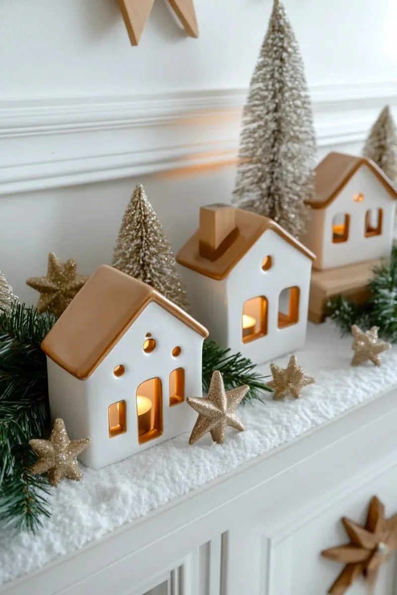 minimalist ceramic houses with glowing tealight windows on a snowy mantel display 1