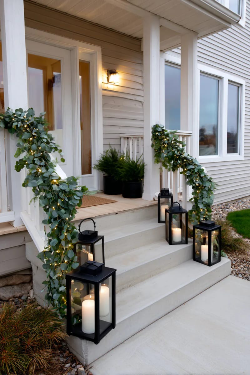 minimalist eucalyptus garland paired with matte black lanterns and white fairy lights 1