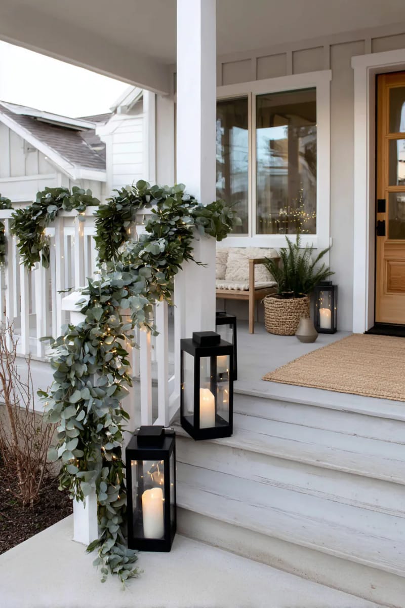 minimalist eucalyptus garland paired with matte black lanterns and white fairy lights 1