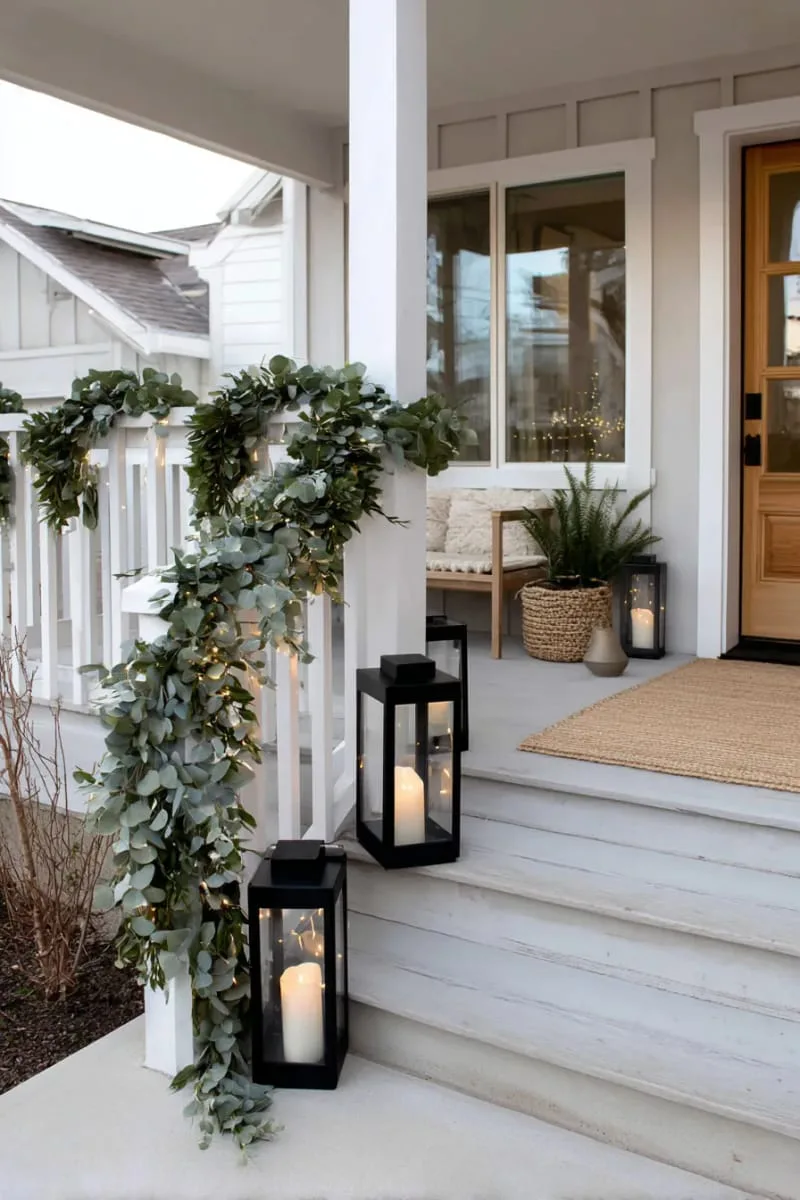 minimalist eucalyptus garland paired with matte black lanterns and white fairy lights 1
