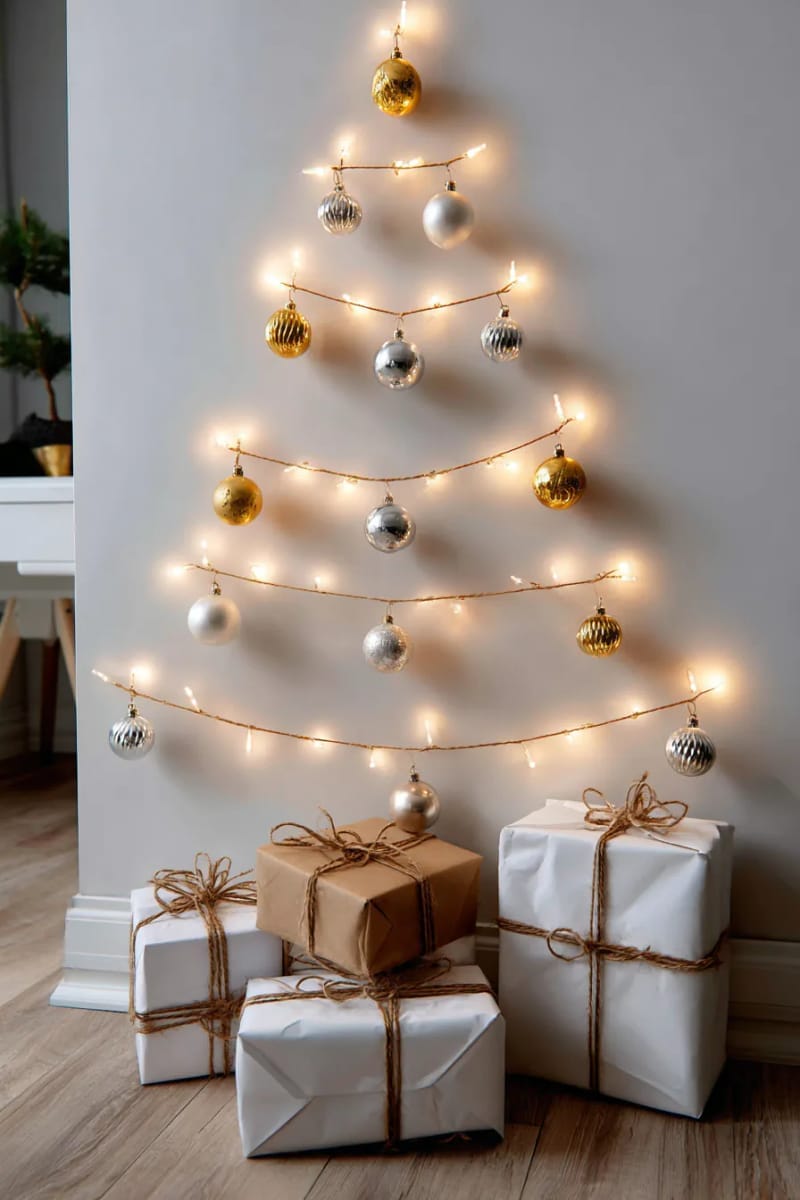 minimalist floating tree wall made from string lights and simple baubles 1