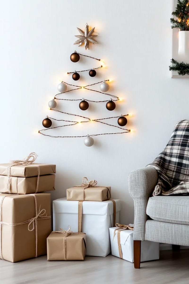 minimalist floating tree wall made from string lights and simple baubles 1