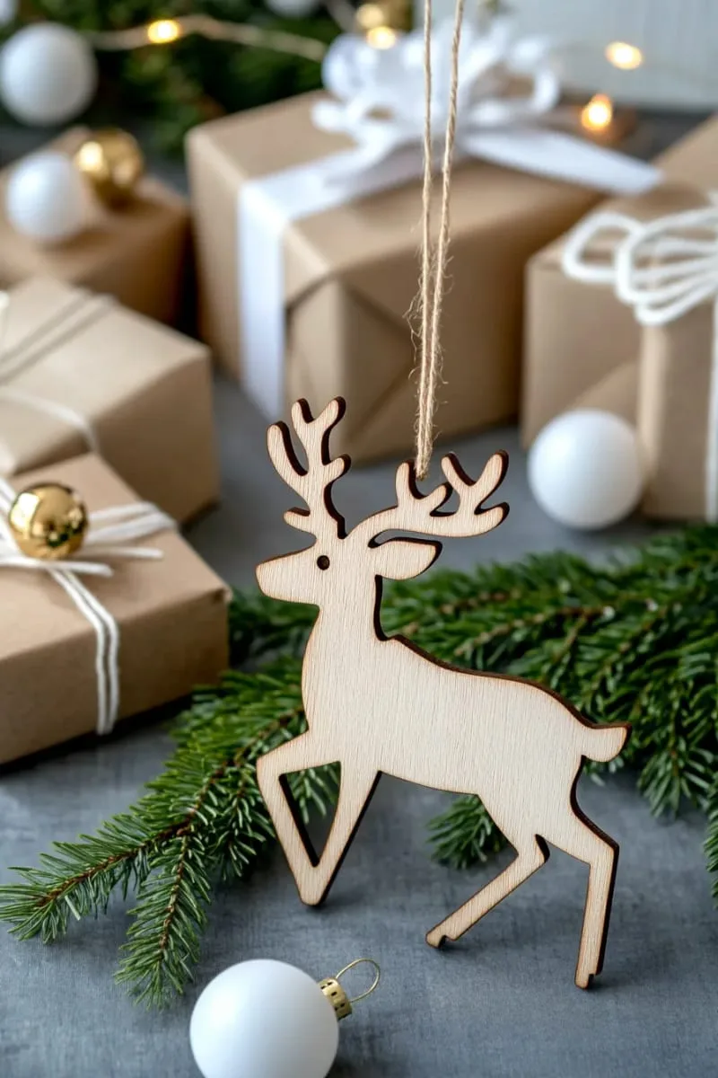 minimalist laser-cut reindeer silhouette ornament in natural wood finish 1