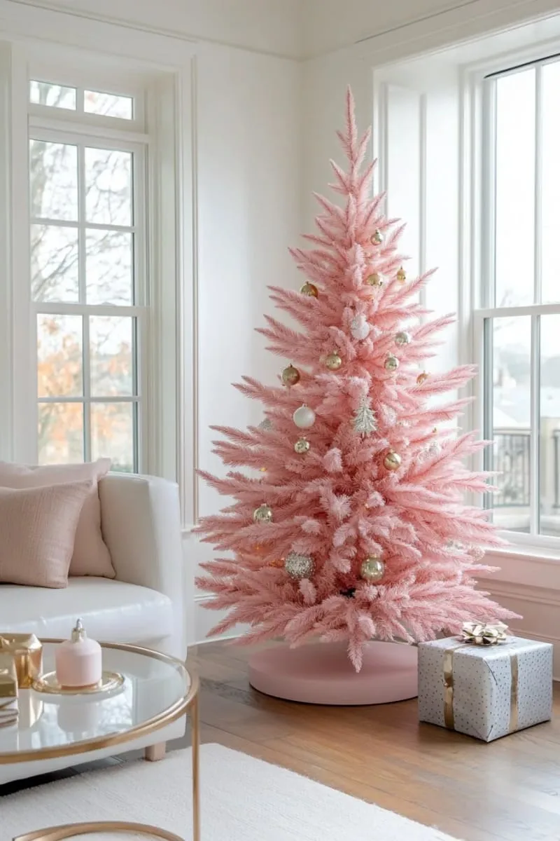 minimalist pink tree with only shimmering silver and gold garlands 1