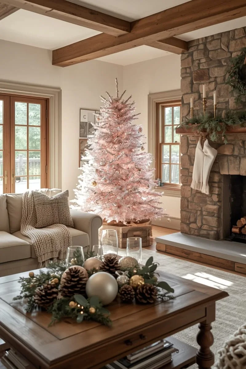 minimalist pink tree with only shimmering silver and gold garlands 1