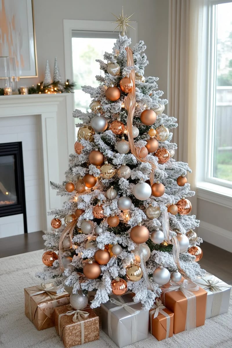 mix copper, silver, and gold baubles on a flocked christmas tree. 1
