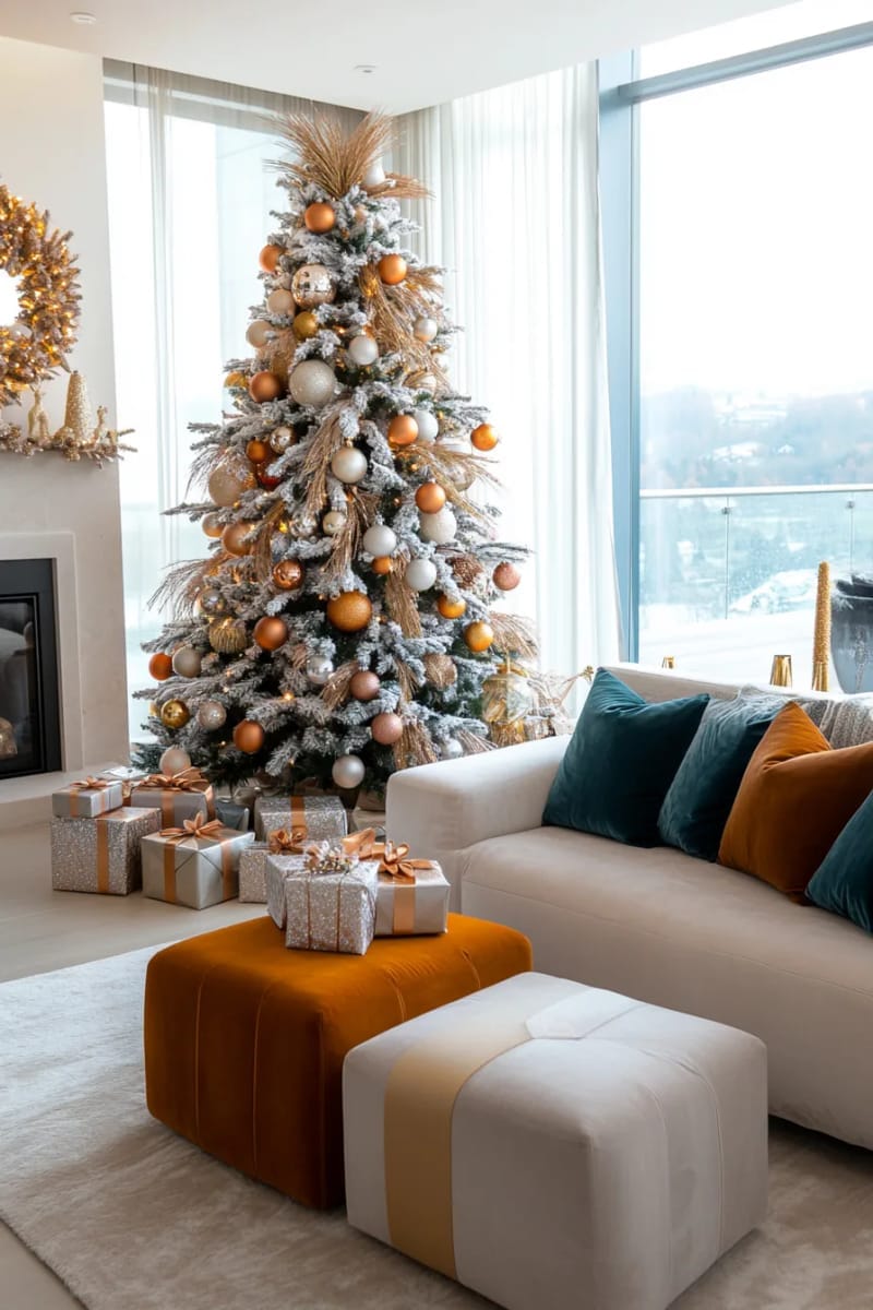 mix copper, silver, and gold baubles on a flocked christmas tree. 1