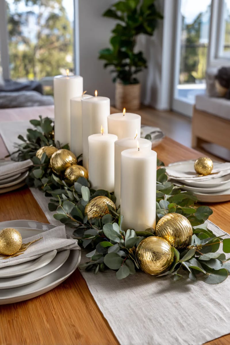 modern centerpiece with white candles, eucalyptus, and gold baubles 1