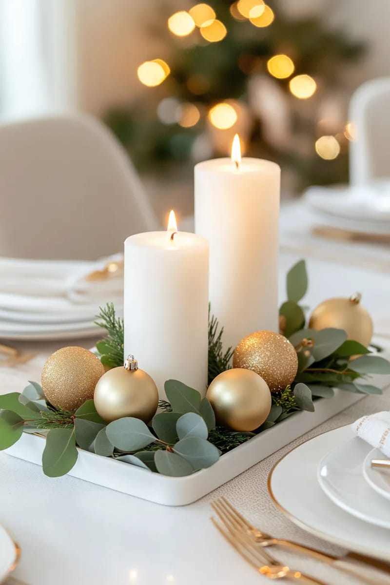 modern centerpiece with white candles, eucalyptus, and gold baubles 1