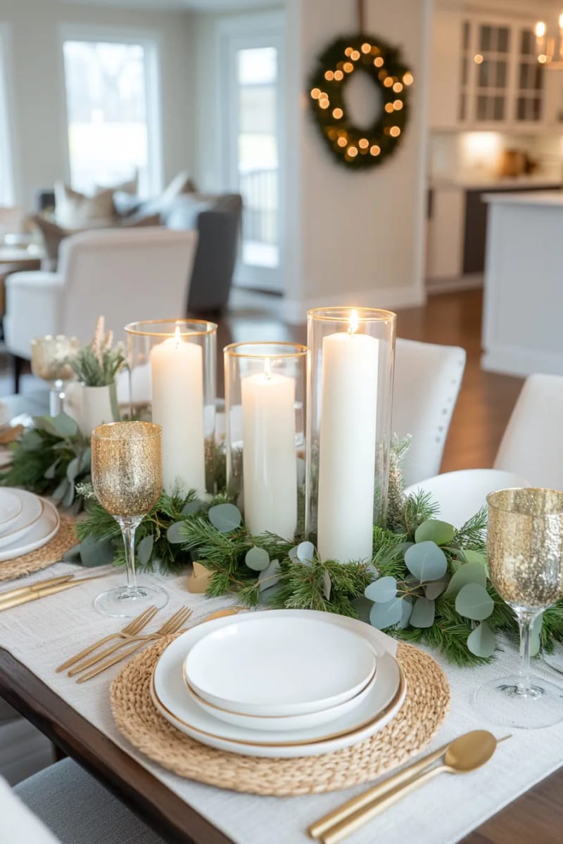 modern centerpiece with white candles, eucalyptus, and gold baubles 1