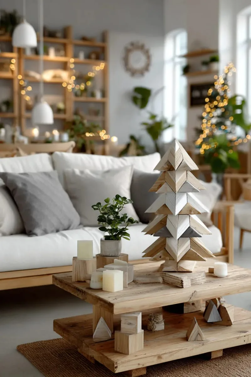 modern christmas tree ornament using stacked wood triangles in neutral tones 1