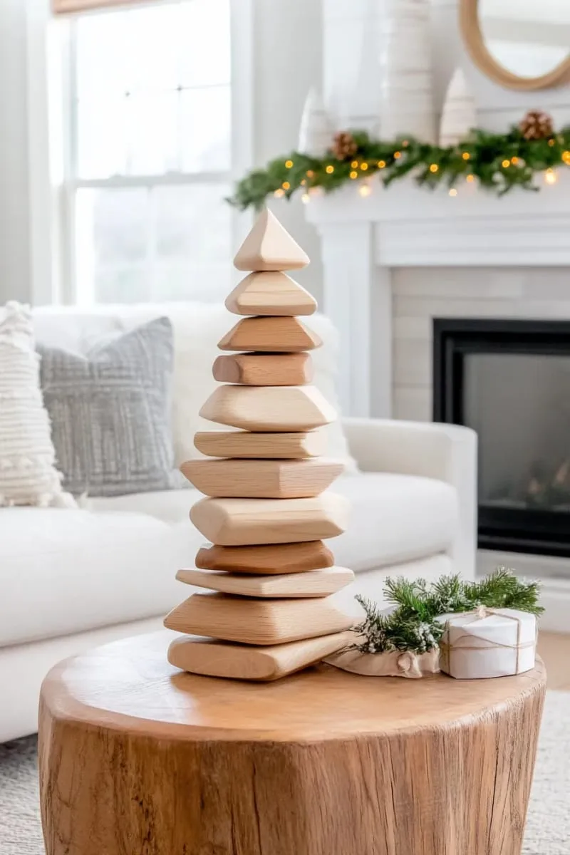 modern christmas tree ornament using stacked wood triangles in neutral tones 1
