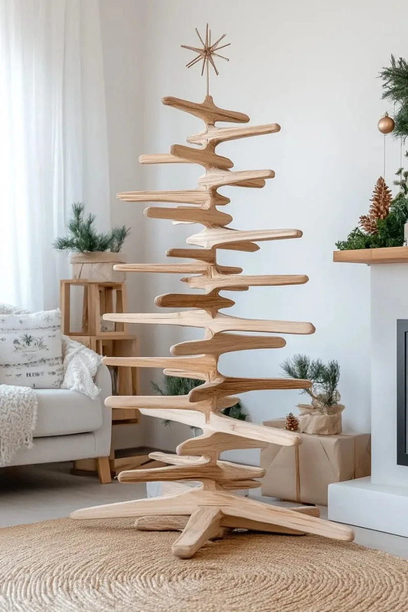 modern christmas tree ornament using stacked wood triangles in neutral tones 1