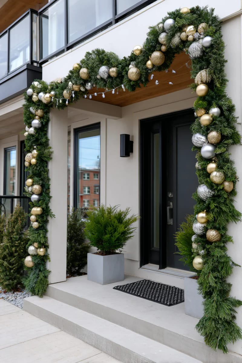 modern garland of boxwood and metallic baubles on black railings 1