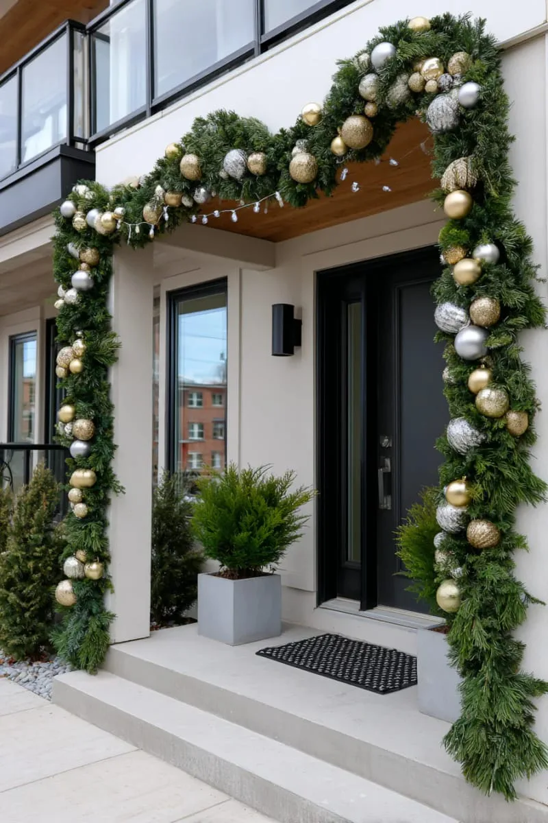 modern garland of boxwood and metallic baubles on black railings 1
