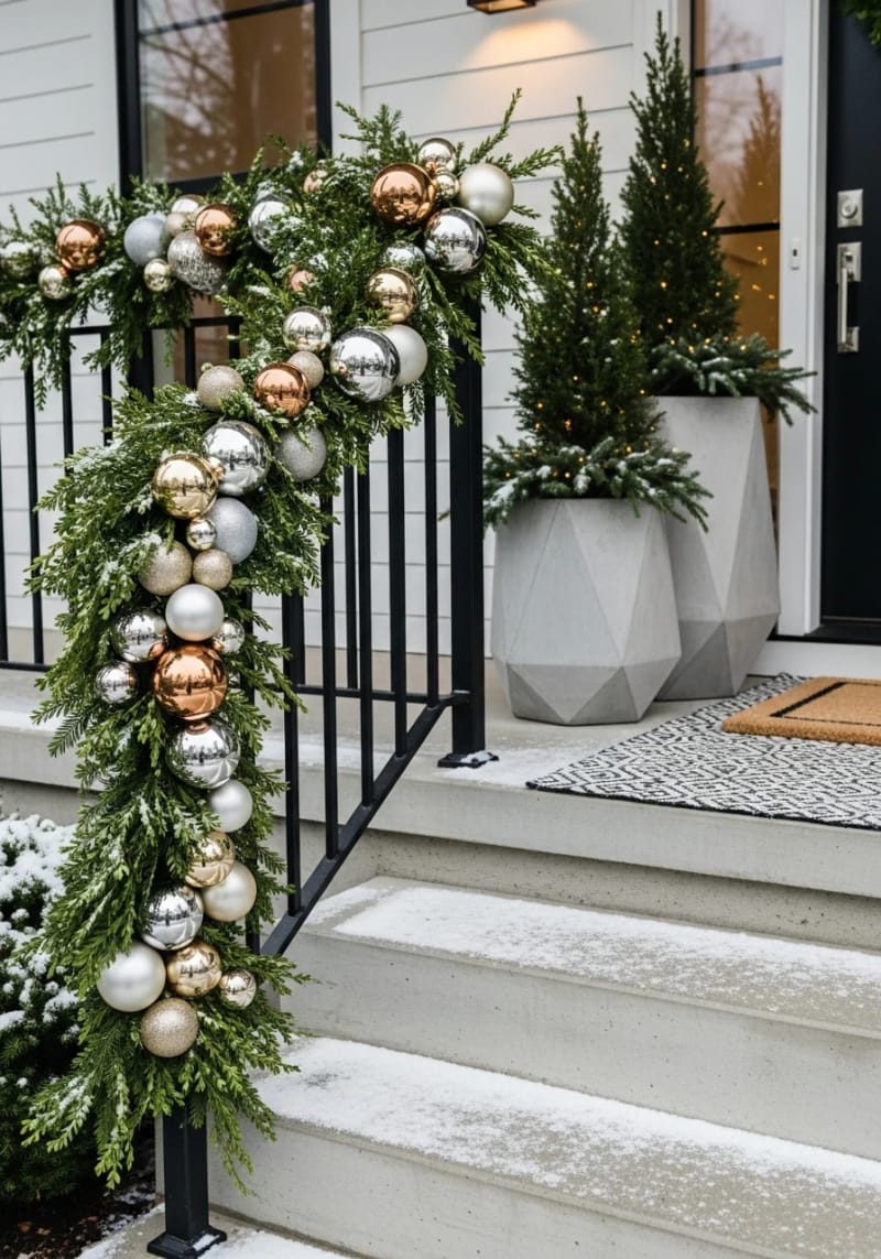 modern garland of boxwood and metallic baubles on black railings 1