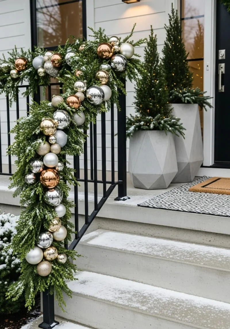 modern garland of boxwood and metallic baubles on black railings 1