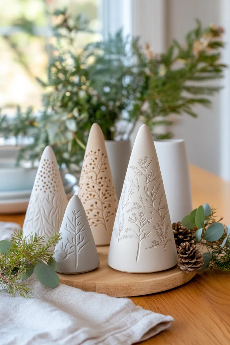 modern minimalist cone trees with subtle botanical engravings 1