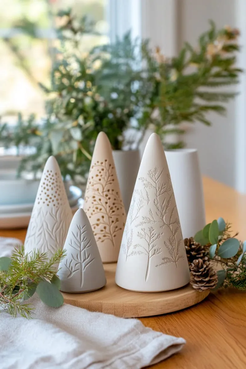 modern minimalist cone trees with subtle botanical engravings 1