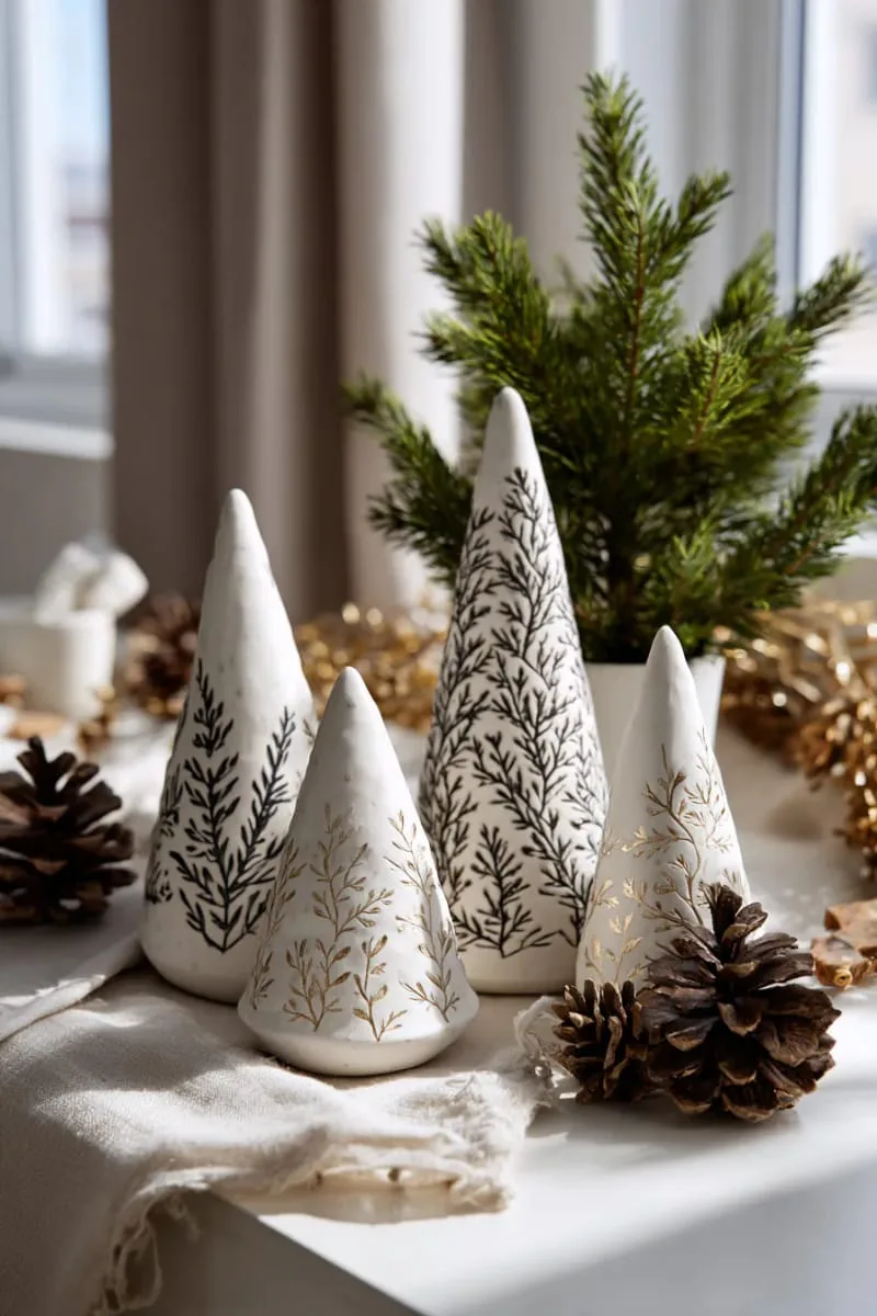 modern minimalist cone trees with subtle botanical engravings 1