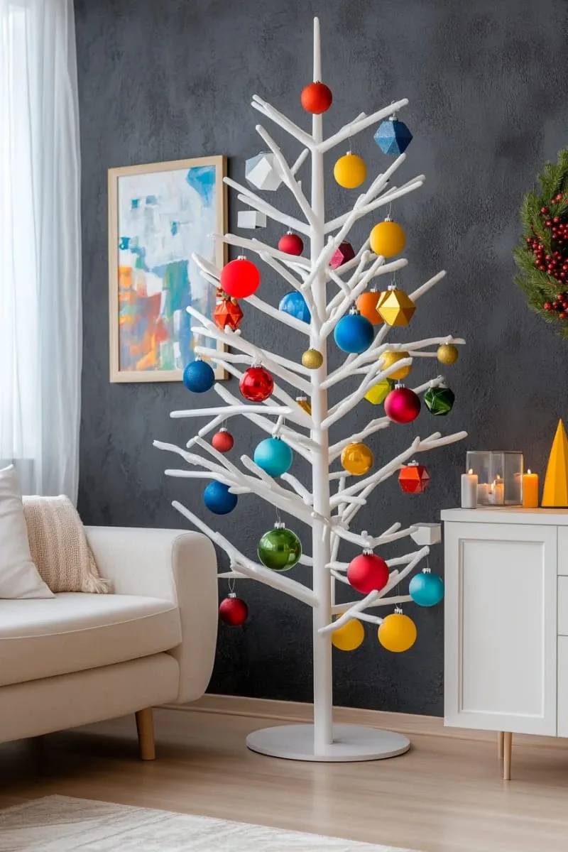 21 Whimsical Colorful Christmas Trees That Wow! 25 modern minimalist tree with sparse, color-popping geometric ornaments 1