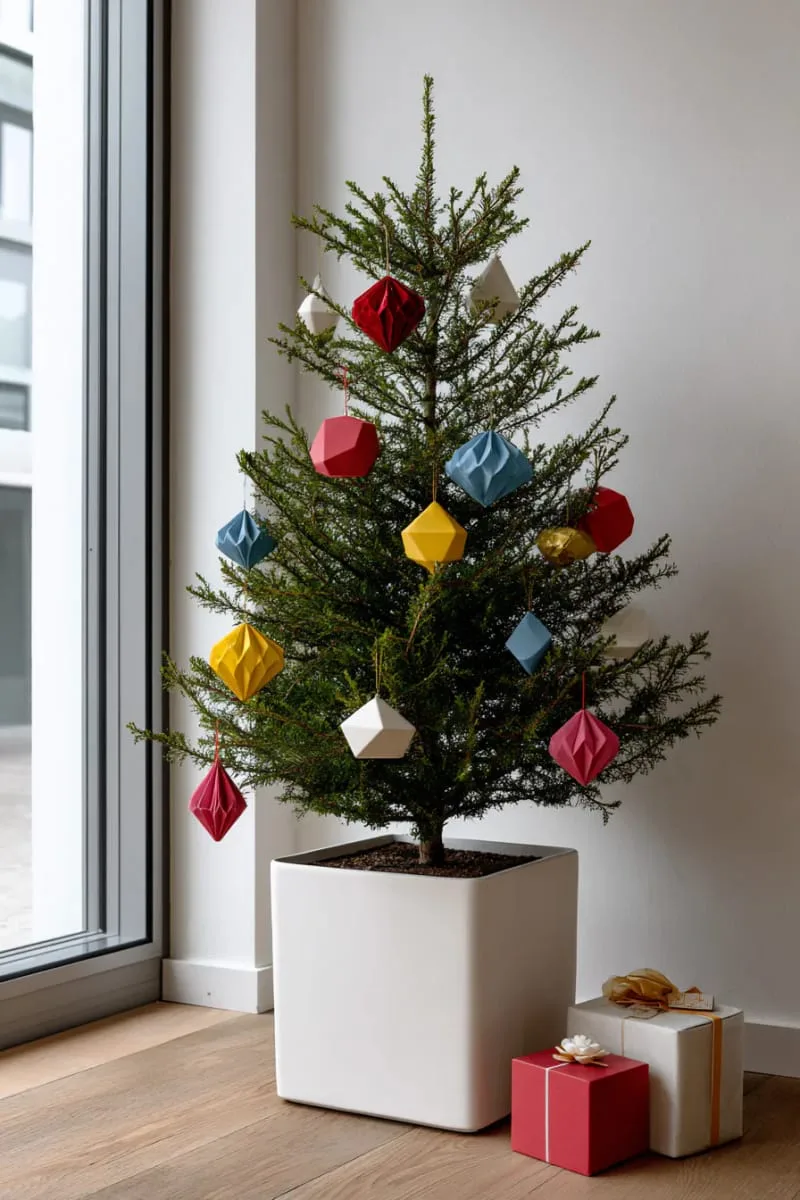 21 Whimsical Colorful Christmas Trees That Wow! 26 modern minimalist tree with sparse, color-popping geometric ornaments 1