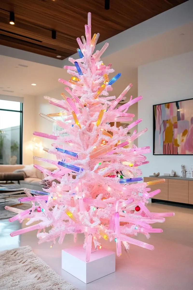 modern pink tree with neon lights and geometric acrylic ornaments 1
