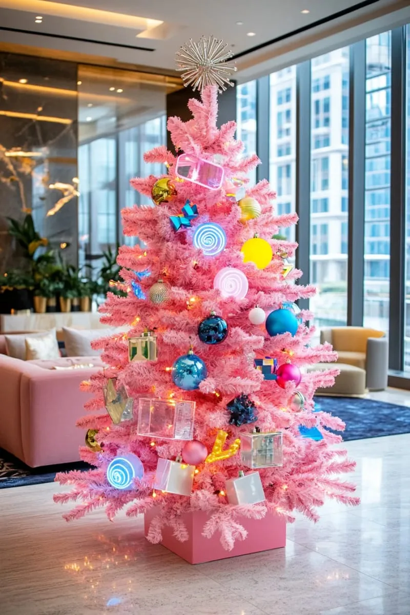 modern pink tree with neon lights and geometric acrylic ornaments 1