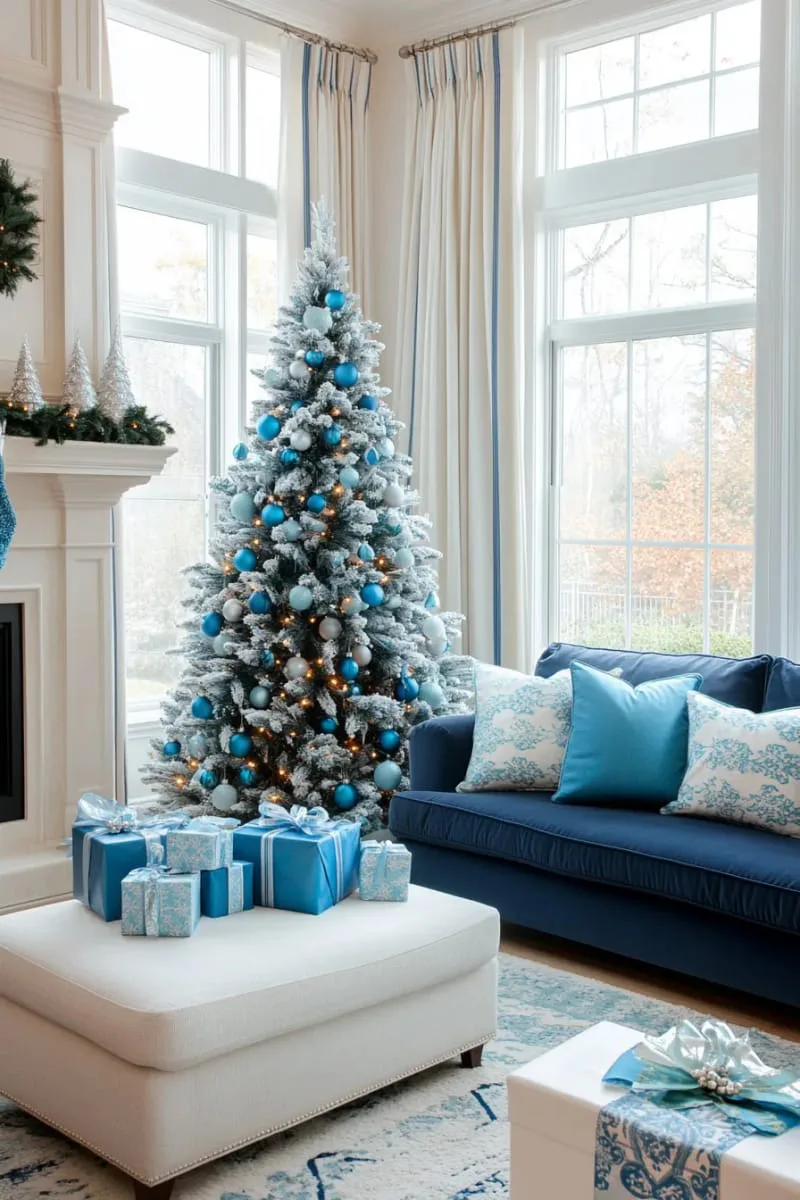 21 Whimsical Colorful Christmas Trees That Wow! 18 monochrome blue christmas tree with navy, turquoise, and sky-blue decorations 1