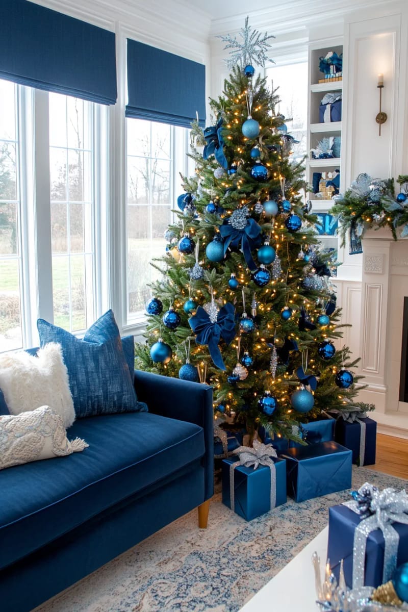 monochrome blue christmas tree with navy, turquoise, and sky-blue decorations 1