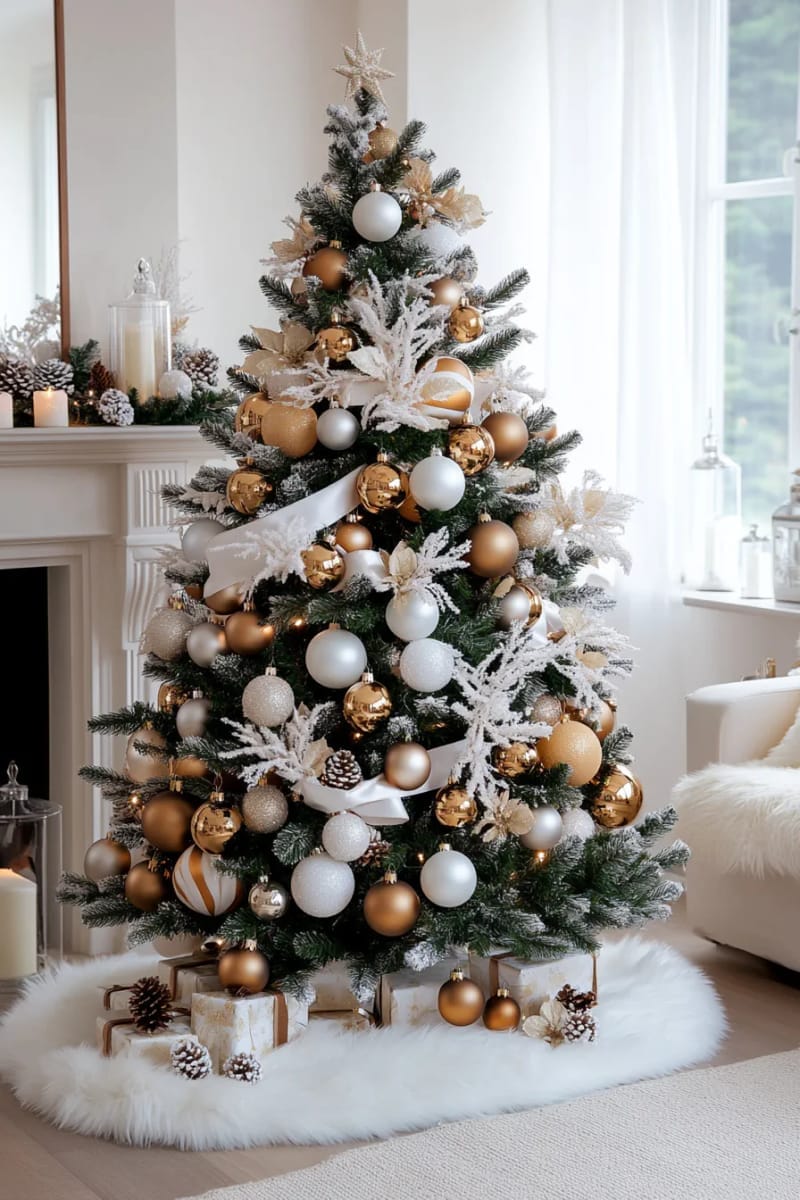 monochrome tree decorated with white baubles, ribbon, and feathers 1