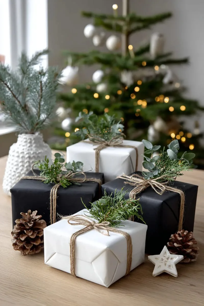 monochrome wrapped gifts with natural twine and sprigs of greenery 1