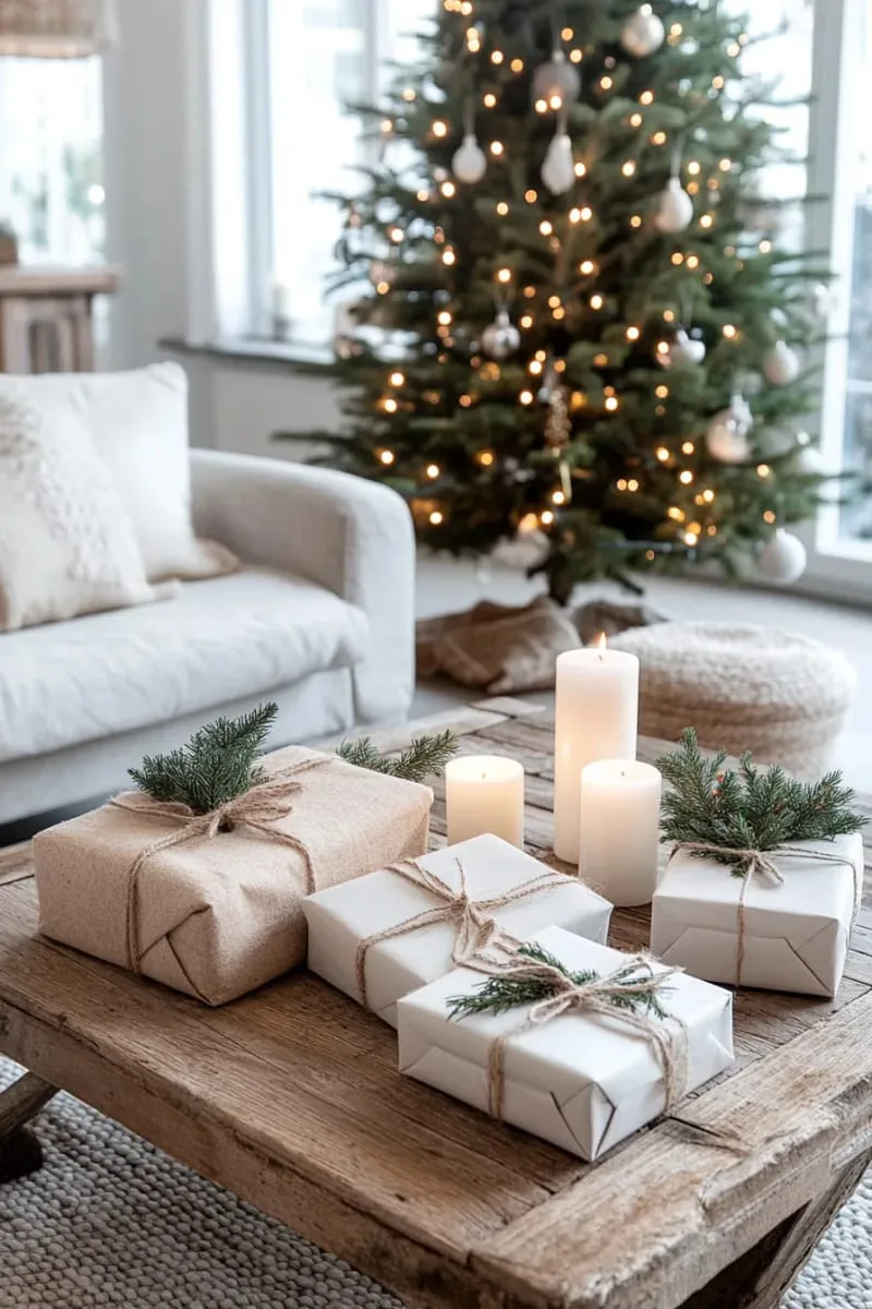 monochrome wrapped gifts with natural twine and sprigs of greenery 1