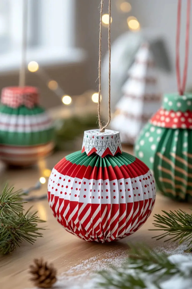 multi-dimensional paper baubles with alternating stripes and polka dots 1