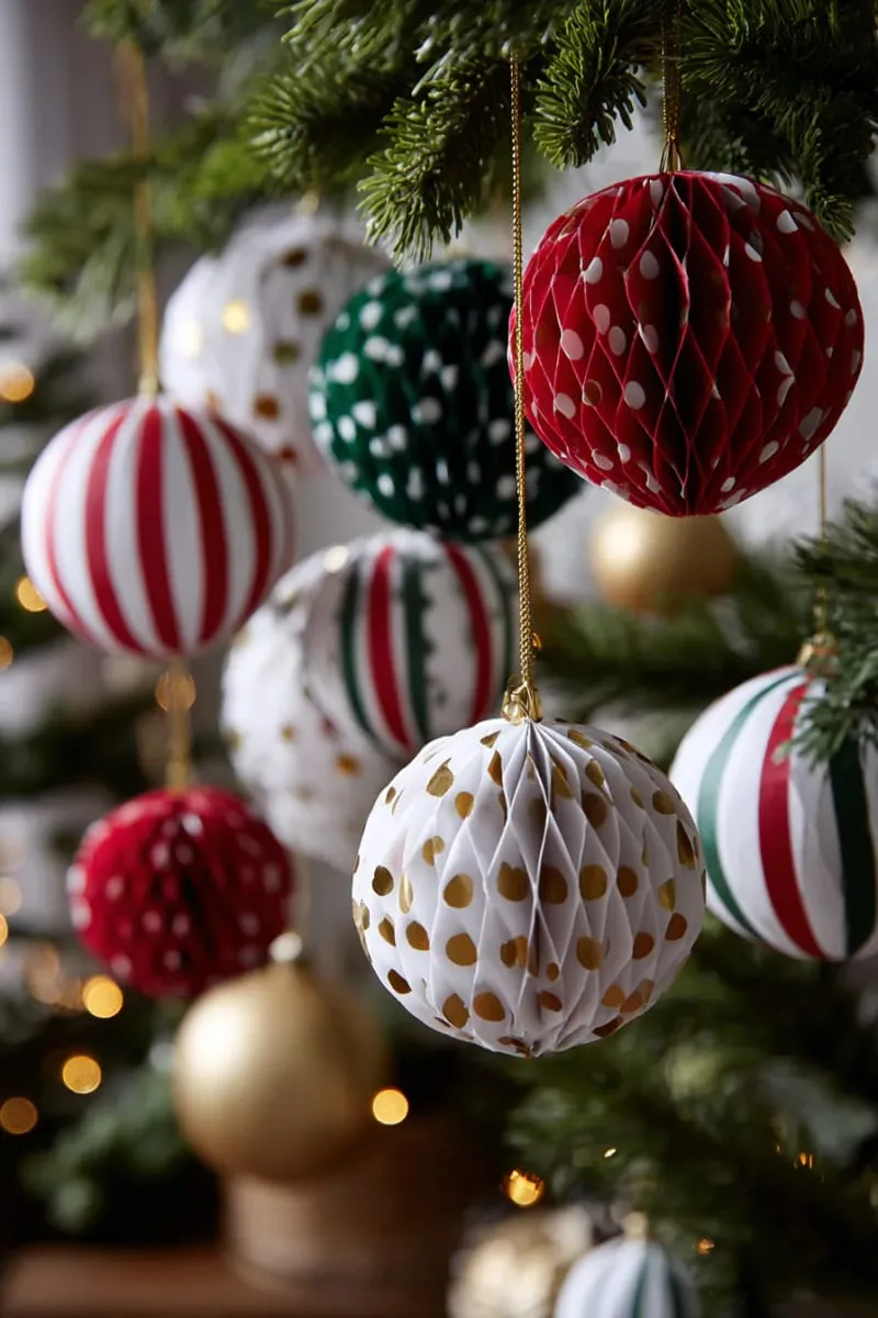 multi-dimensional paper baubles with alternating stripes and polka dots 1